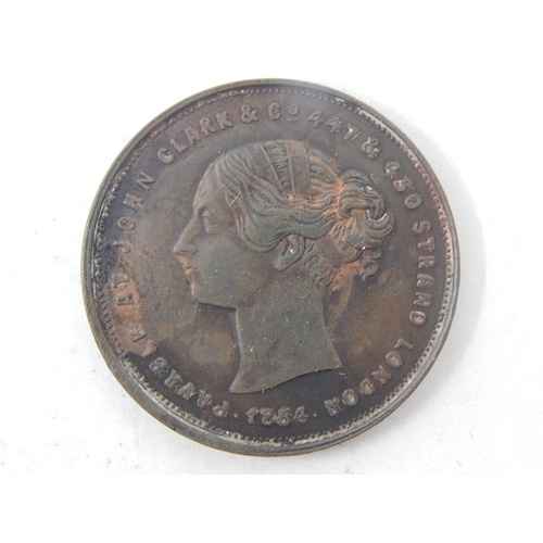 220 - Victoria Wyon Head Copper Medallion 1854 John Clarke & Co, payable at the Strand, Extremely Fine wit... 