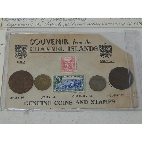 231 - 3 sets of French gaming tokens; Channel Island coin and stamp set; USA Wooden Nickel 1954 Banknote