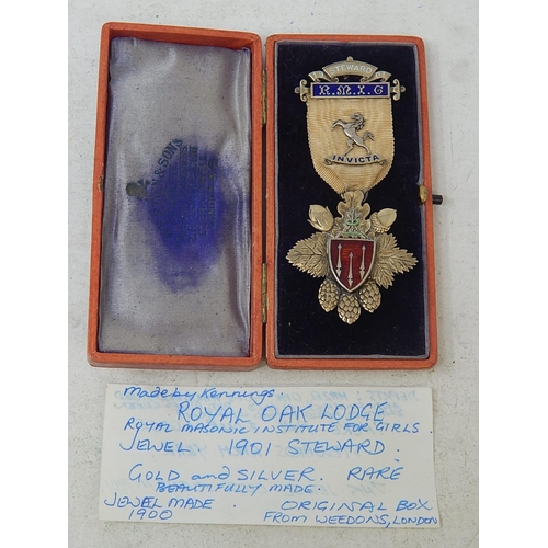 234 - Royal Oak Lodge Masonic Institute for Girls 1901 Steward Gold and Silver highly ornate Masonic Medal... 