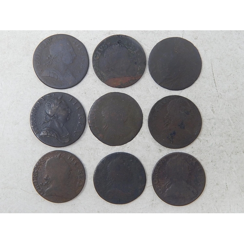 259 - George III Evasion Halfpennies 1771(2); 1773, 1775, others(5) total 9 coins Fair to Fine and some sc... 