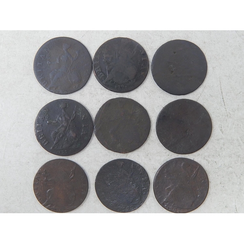 259 - George III Evasion Halfpennies 1771(2); 1773, 1775, others(5) total 9 coins Fair to Fine and some sc... 