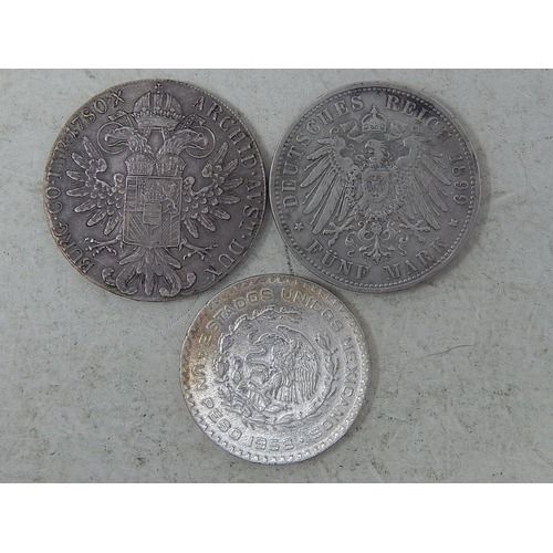 278 - Maria Theresa Silver Thaler dated 1780; Germany Silver 5 Mark coin 1899; Mexico Silver Peso 1958