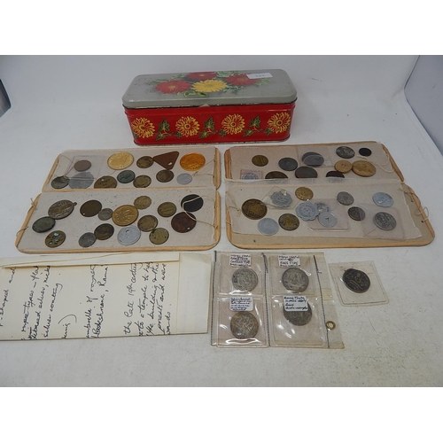 287 - Tin of coins, medallions, tokens, etc