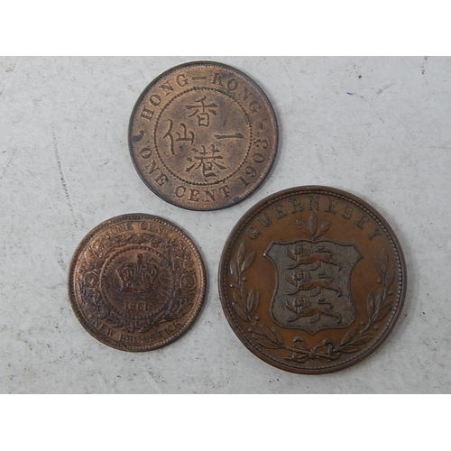 324 - New Brunswick 1861 1 Cent; 1904 Hong King 1 cent; Guernsey 8 Doubles 1858 all Extremely Fine with lu... 