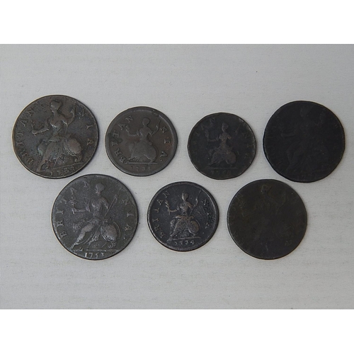 341 - George I Farthings 1734, 1735, 1754; Halfpennies 1733, 1753, 1771, 1773; Fair to Fine