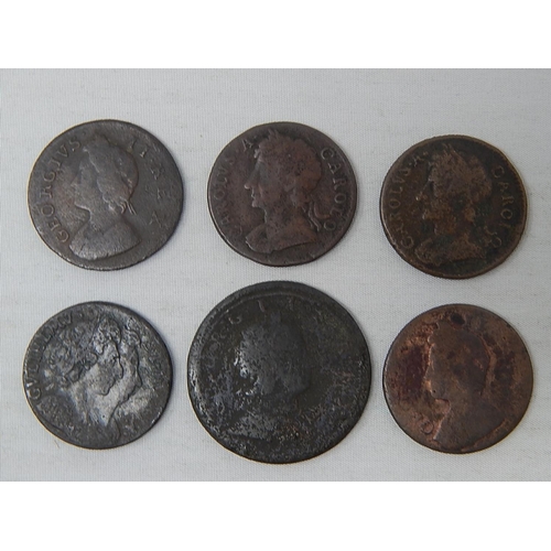 342 - William and Mary Farthing 1694; George II Farthing 1759(2); George I Halfpenny 1730; Charles II Fart... 