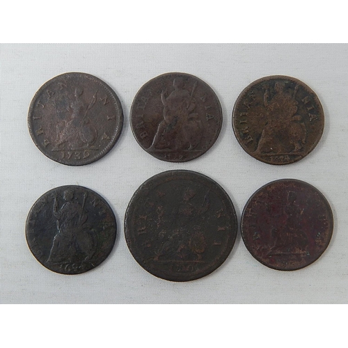 342 - William and Mary Farthing 1694; George II Farthing 1759(2); George I Halfpenny 1730; Charles II Fart... 