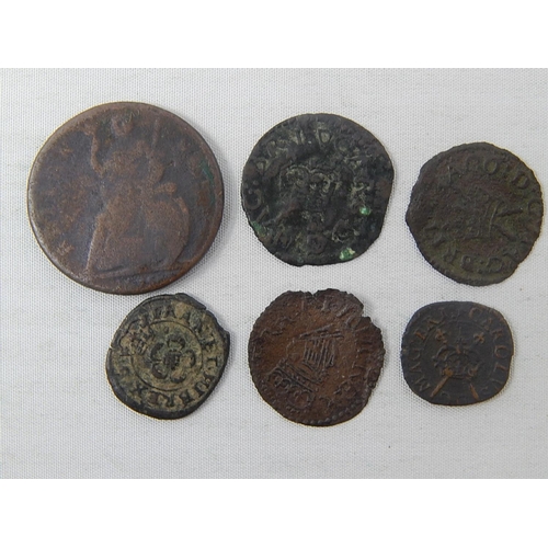 343 - Charles I Rose Farthings (3) James I Farthing; Traditional issue; Charles II Farthing Fair to Fine