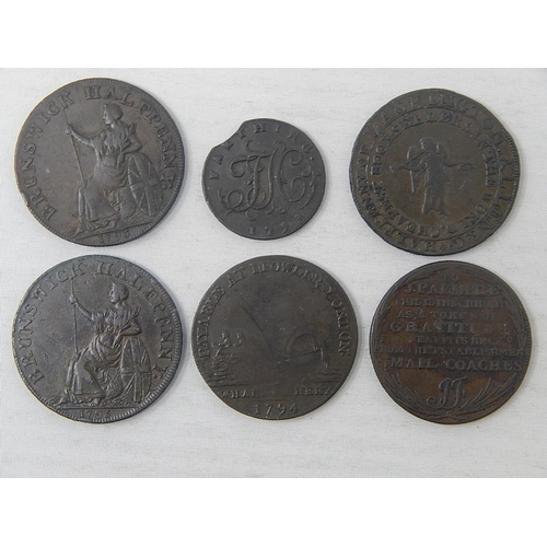 360 - Mailcoaches Token; 1794 Lockington Token; 1795 Brunswick Halfpennies(2); 1794 Halfpenny Token; Newto... 