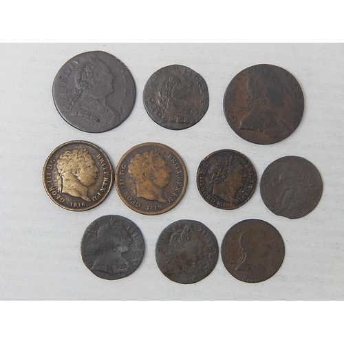 377 - George III Shillings copies in brass(2); Sixpence 1819; other misc George III coinage(7)