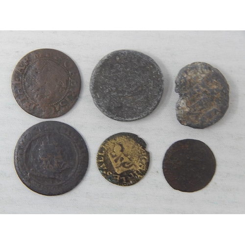 381 - Early Pewter Token, Charles II farthing Token; Bristol Halfpenny Token; Surrey Farthing; Charles Far... 