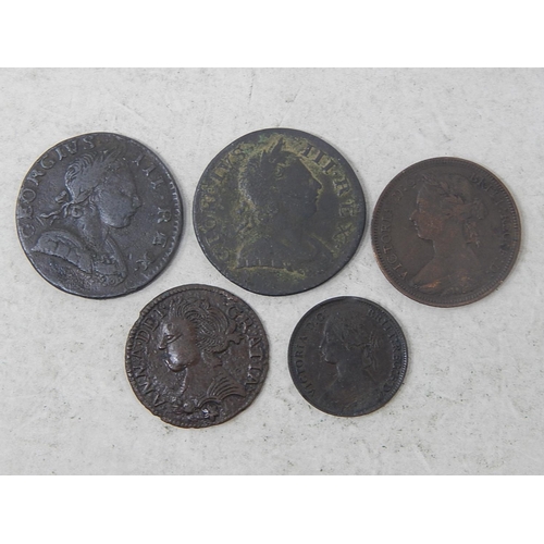 405 - Anne Shilling 1711 in copper; George Halfpeeny1770; Victoria Halfpenny 1890; George III Halfpenny 17... 