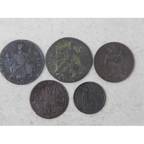 405 - Anne Shilling 1711 in copper; George Halfpeeny1770; Victoria Halfpenny 1890; George III Halfpenny 17... 