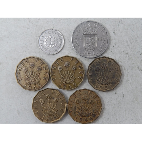 418 - Selection of Key Date coinage Brass Threepences 1938; 1946, 1949(2); 1950; 1943 Silver 3d; 1961 Scot... 