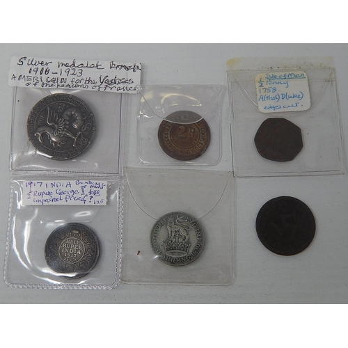 462 - USA Silver Medalet; India Half Rupee; 2 x early IOM coins; others (2)