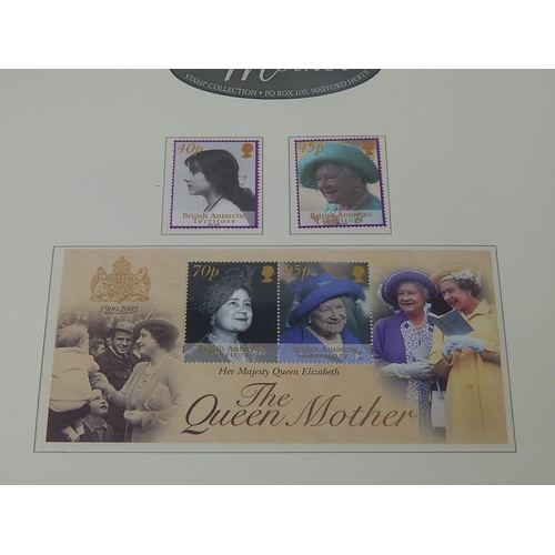 266 - The Queen Mother 1900-2002 de-luxe stamp and colour illustrated cover collection housed in black alb... 