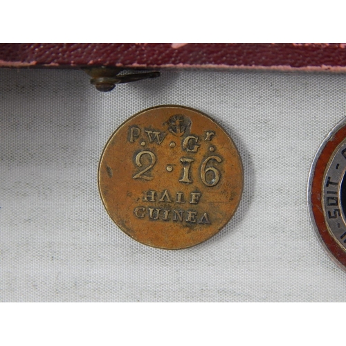 140 - Georgian Half Guinea Weight: Enamelled Victorian Silver Shilling: Box of Tokens + a Nore 3 Battalion... 