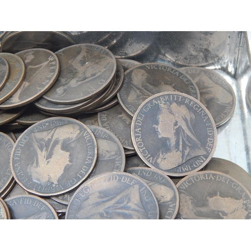 29 - Hoard of Victorian Bun Head and Veil Head Pennies housed in vintage tin (approx 200 coins)