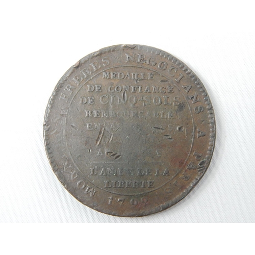 41 - French Revolution 1792 5 Sols Monneron Bros Token 'Vivre Libres', scarce