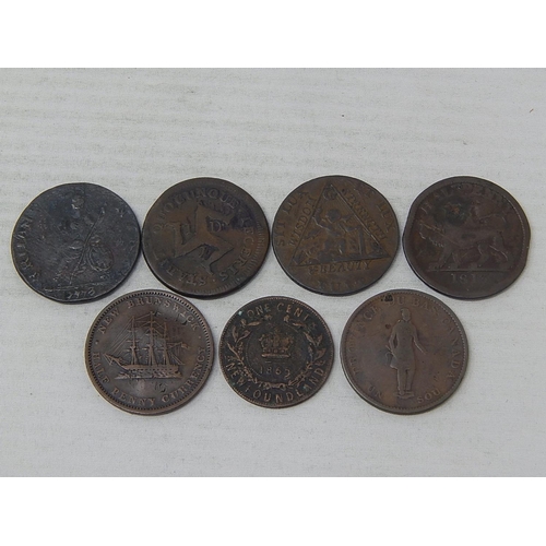 55 - City Bank of Quebeck Halfpenny 1837; Newfoundland 1 Cent 1865; Essex Halfpenny 1813; New Brunswick H... 