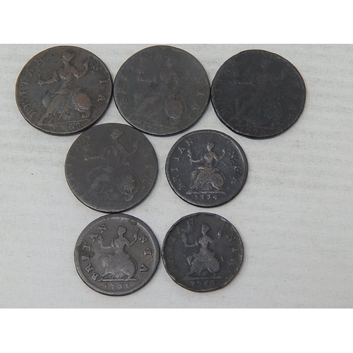 59 - George I Farthings 1734, 1735, 1754; Halfpennies 1733, 1753, 1771, 1773; Fair to Fine