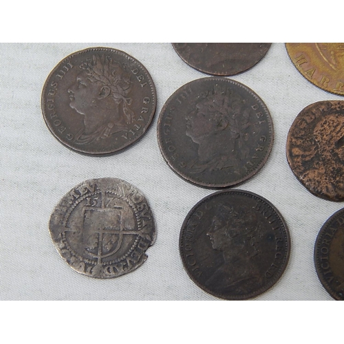 74 - Elizabeth I 1572 Hammered Silver Threepence; Hadrian Roman copper coin; other Roman coin; George III... 