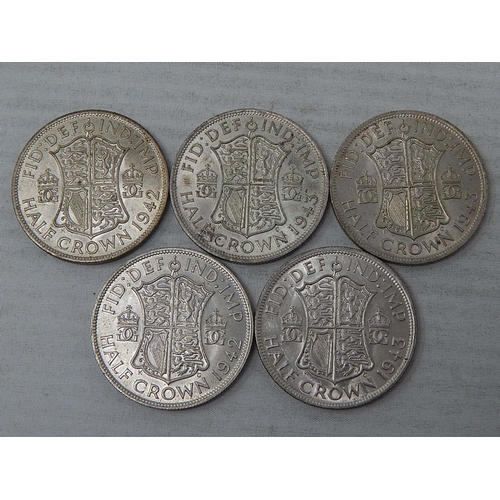 80 - George VI Silver Halfcrowns 1942(2), 1943(3) a choice group, all about Brilliant Uncirculated