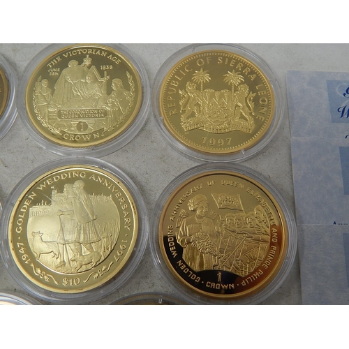 91 - Collection of 8 x Proof Gold Cladded Sterling Silver Crown Size coins (6 with COAs)