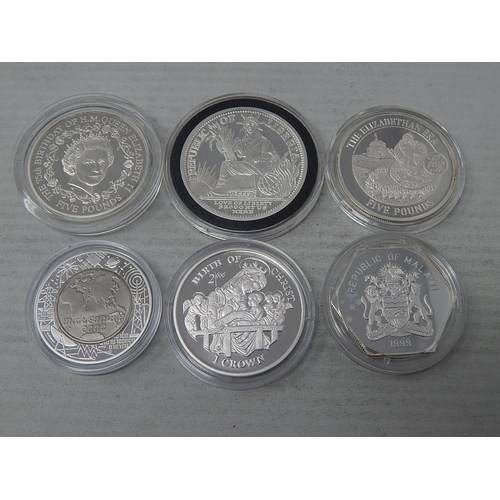 95 - Gibraltar 2008 Silver Proof £5; Guernsey 2001 Queen Mother Proof Silver £5; Liberia Millennium Proof... 