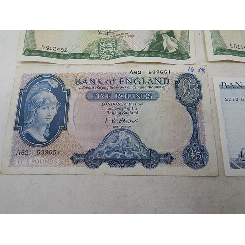 153 - Banknotes:  Early O'Brien Lion & Key £5 note; Gill £5 note; 2 x vintage £1 note; 10 Shilling note & ... 