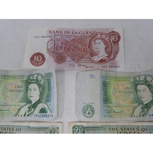 153 - Banknotes:  Early O'Brien Lion & Key £5 note; Gill £5 note; 2 x vintage £1 note; 10 Shilling note & ... 