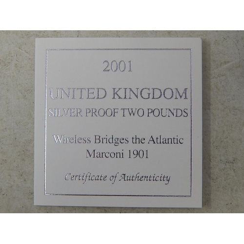 124 - 2001 UK Silver Proof  Piedfort Marconi £2 Coin: Boxed with C.O.A