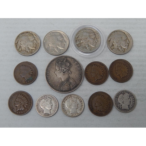 181 - India Victoria Young Head Silver Rupee 1892; USA Silver Barber Dimes 1899, 1913, 1914; Buffalo Nicke... 