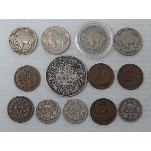 181 - India Victoria Young Head Silver Rupee 1892; USA Silver Barber Dimes 1899, 1913, 1914; Buffalo Nicke... 