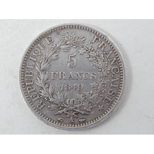 94 - 1849 Silver Five Francs with Raised Edge: Weight 24.9g