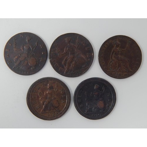 14 - George I Copper Halfpennys 1720, 1724; George II Copper Halfpenny 1746; George III Copper Halfpenny ... 