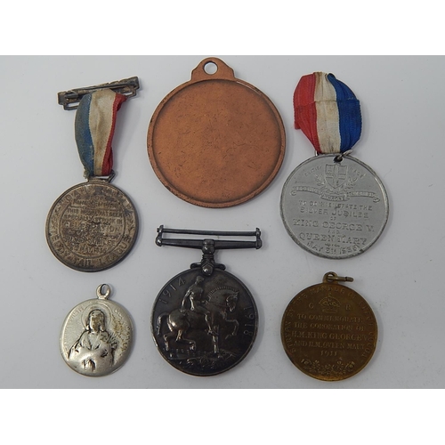 26 - First World War 1914-1918 Silver Medal; King George and Queen Mary Medals with ribbons (2); misc med... 