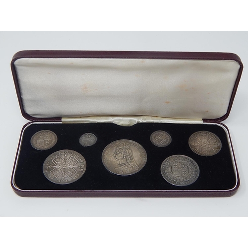 45 - Victoria 1887 Silver Specimen coin collection from  Crown down to Silver Threepence in red leather f... 