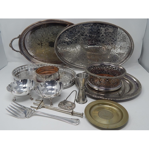 139 - Silver Plated Wares: Galleried Trays, Bottle Coasters, Pair of Mappin & Webb Bon Bon Dishes etc.