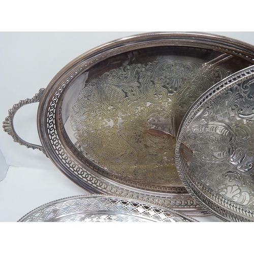 139 - Silver Plated Wares: Galleried Trays, Bottle Coasters, Pair of Mappin & Webb Bon Bon Dishes etc.