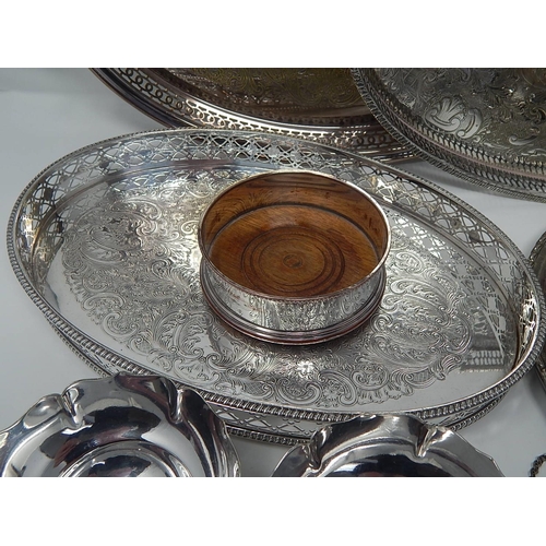 139 - Silver Plated Wares: Galleried Trays, Bottle Coasters, Pair of Mappin & Webb Bon Bon Dishes etc.