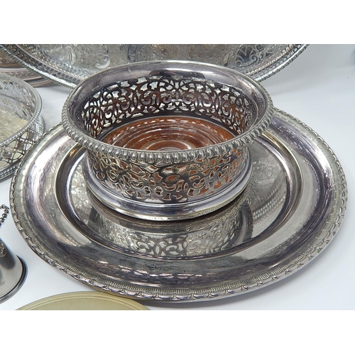 139 - Silver Plated Wares: Galleried Trays, Bottle Coasters, Pair of Mappin & Webb Bon Bon Dishes etc.