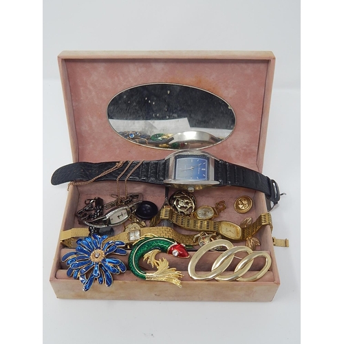 140 - Jewellery Box Containing Enamelled Brooches, Ladies Wristwatches, Costume Jewellery etc together wit... 