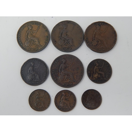 50F - Queen Victoria Pennies 1853 (2), 1855, 1858, Halfpennies 1853, 1862, Farthings 1838, 1839, 1866.