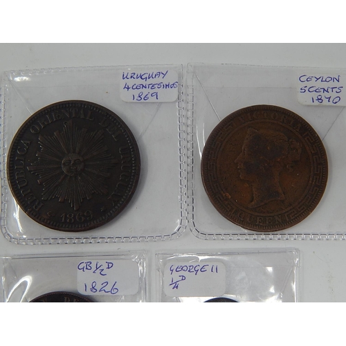 50K - Anglesey Halfpenny Tokens 1788, 1791, 5 Centimes 1800, Uruguay 4 Centimes 1869, Ceylon 5 Cents 1870,... 