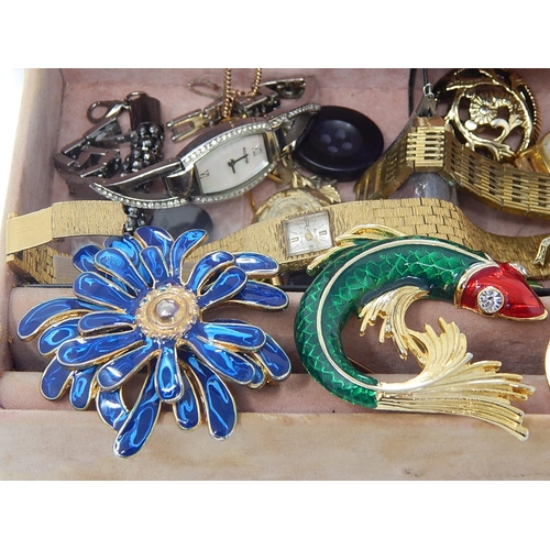 25 - Jewellery Box Containing Enamelled Brooches, Ladies Wristwatches, Costume Jewellery etc together wit... 