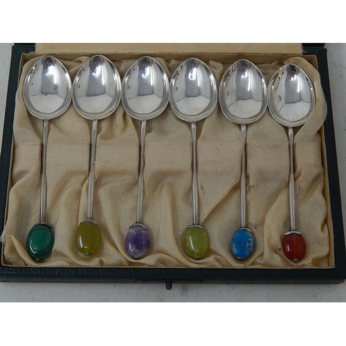 37 - LIBERTY & CO: Set of Six Silver Spoons with hardstone finials within their original fitted case: Hal... 