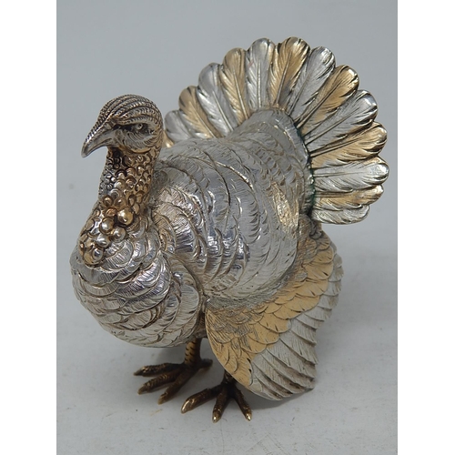 42 - Belgium Hallmarked Cast Silver & Parcel Gilt Table Ornament formed as a Turkey: Exceptionally Fine C... 