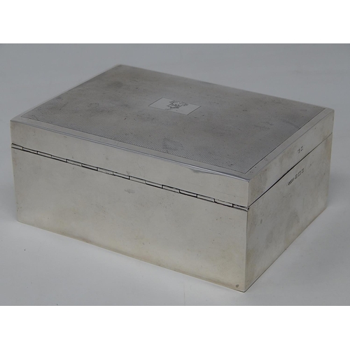 47 - Silver Table Cigar Box of Rectangular Weighted Form with Engine Turned Decoration. The Interior Ceda... 