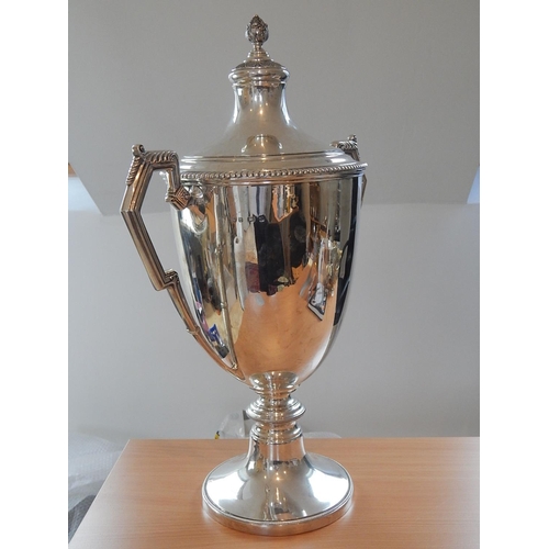 51 - HUGE Art Deco Silver Trophy Cup & Lid (NOT ENGRAVED). The Cup with Twin Angular Handles with Acanthu... 